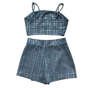 Womens Plaid Blue Two-Piece Set - Crop Top & High-Waisted Shorts By Iris Small